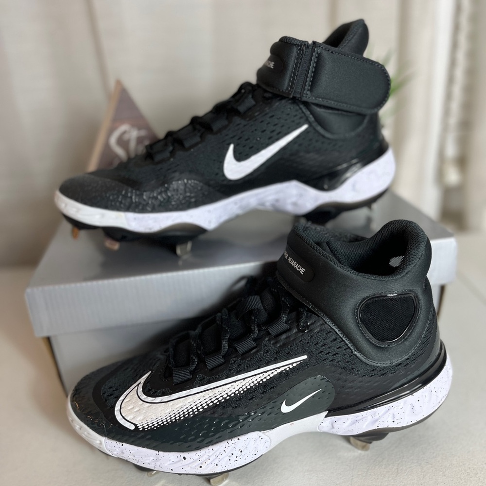 ✅ Nike Alpha Huarache Elite 4 Mid Black Smoke Grey Metal Baseball Cleats Size 7